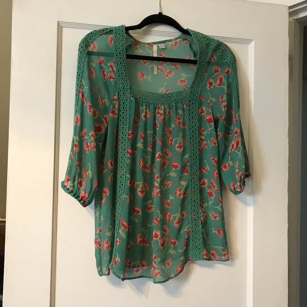 Lauren Conrad blouse. Teal with red flowers